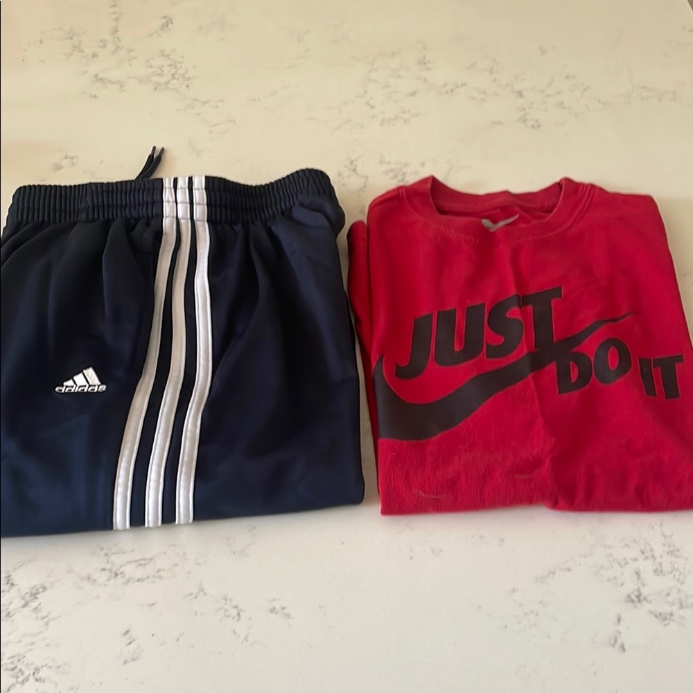 Adidas Navy Track Pants and Red Nike T-Shirt